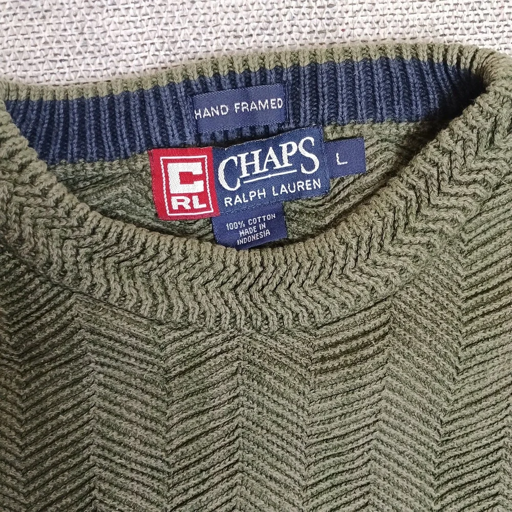 Chaps Ralph Lauren Sweater Mens L Green Excellent Herringbone Cotton Crewneck